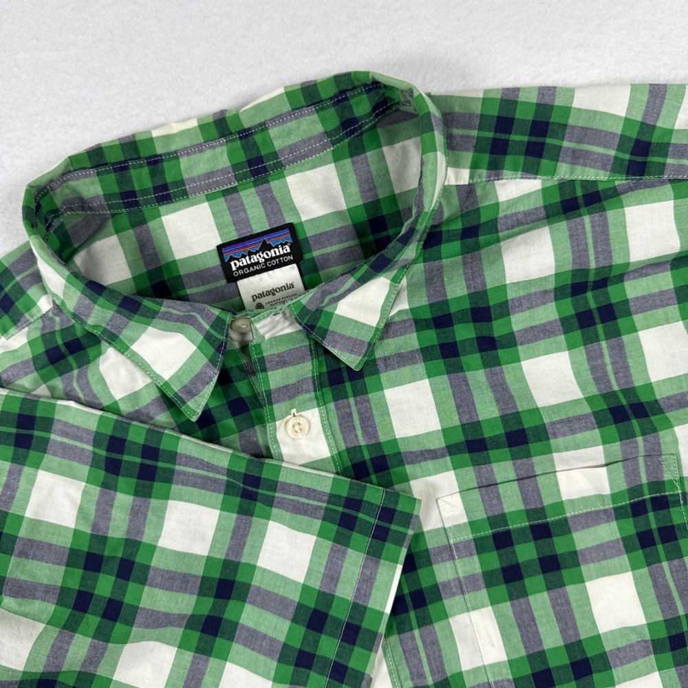 Patagonia Fezzman Shirt Mens XL Green Plaid Organic Cotton S/S Button Down EDC